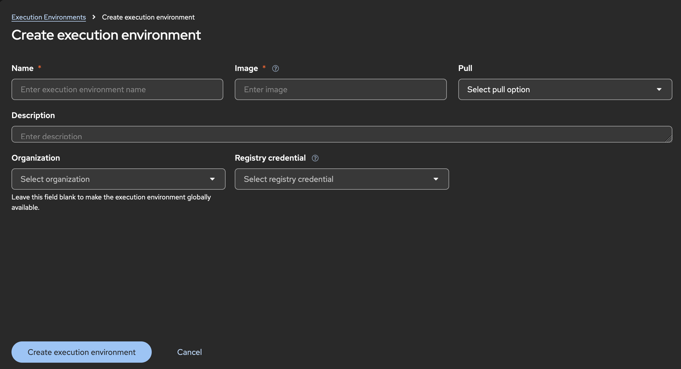 Create a new execution environment page