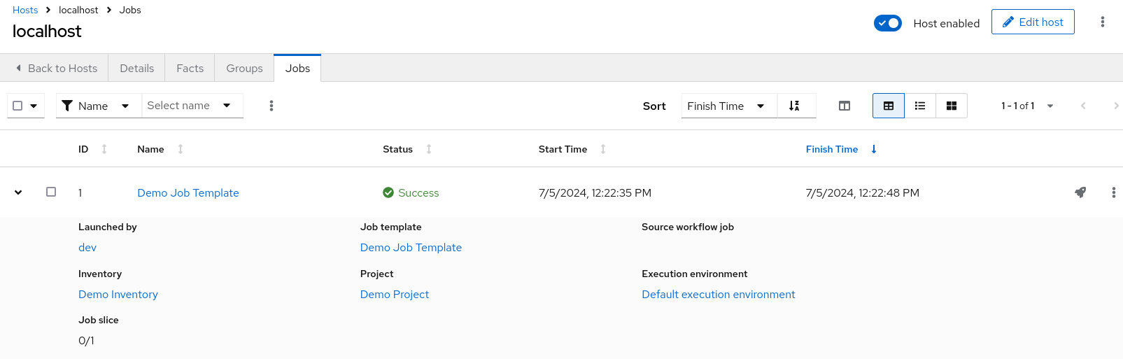 Details of job associated with a host